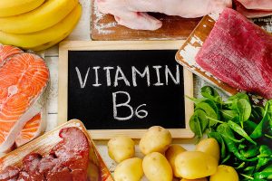 Eine Auswahl vitamin-B6-reicher Lebensmittel ist abgebildet, darunter Schweineleber, Brathuhn, Bananen, Kartoffeln, grüne Erbsen und Spinat. In der Mitte des Bildes steht eine Kreidetafel, auf der „Vitamin B6“ geschrieben steht, was auf die Bedeutung dieses Vitamins hinweist. Die Lebensmittel sind ansprechend angeordnet und verdeutlichen die Vielfalt an Nahrungsmitteln, die eine wichtige Quelle für Vitamin B6 darstellen.