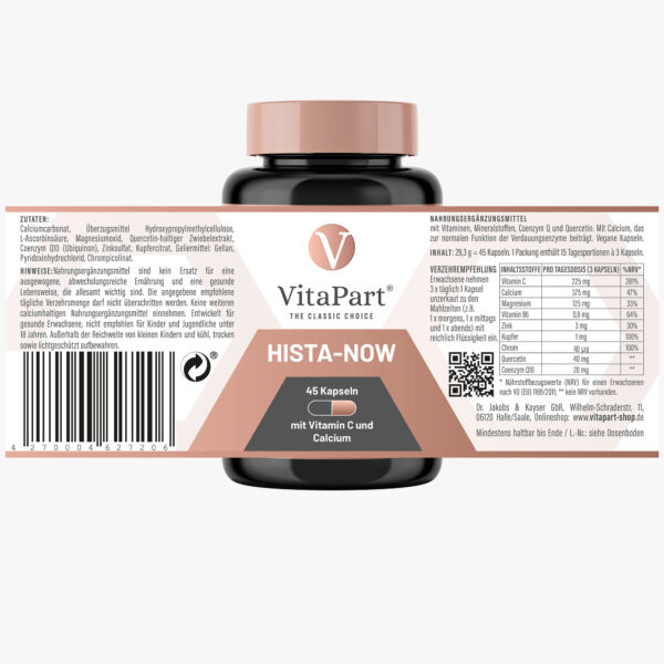 Aufgeklapptes Hista-Now Etikett mit vollständigen Produktinformationen vor der Dose platziert