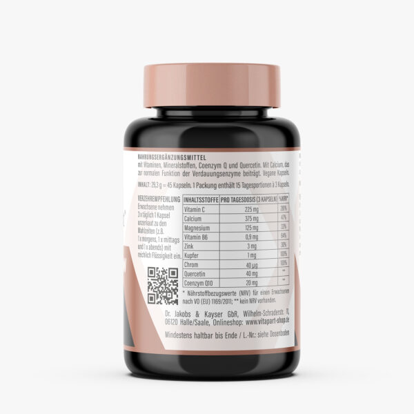 Rückseite der Hista-Now Dose mit Inhaltsstoffen, Vitaminen und Verzehrempfehlung von VitaPart