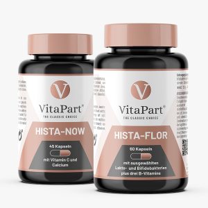 Produktdosen von Hista-Now und Hista-Flor von VitaPart® nebeneinander – Nahrungsergänzung zur sofortigen und langfristigen Unterstützung einer histaminarmen Ernährung