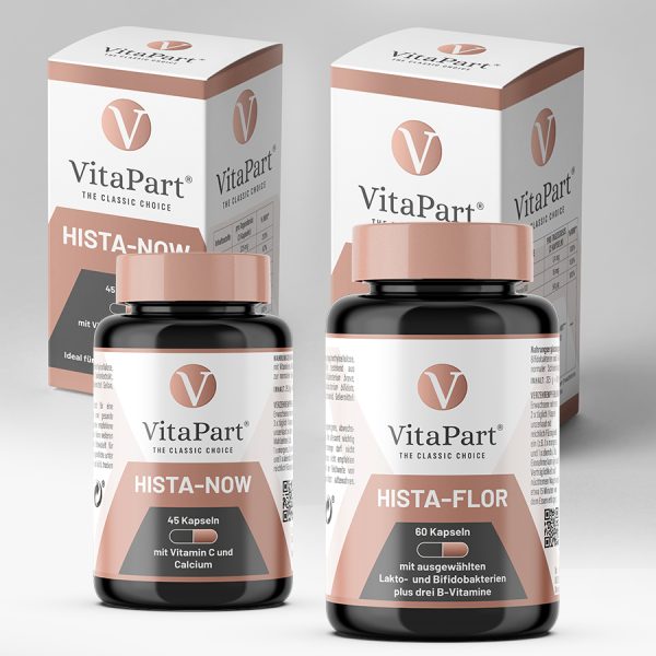 Umverpackung des Premium Bundles mit Hista-Now und Hista-Flor – Kombipack zur sofortigen und langfristigen Unterstützung einer histaminarmen Ernährung, dargestellt mit beiden Produktdosen und Markenlogo VitaPart®