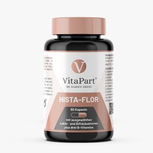 Hista-Flor in Dose mit 60 Kapseln mit Bifido- und Milchsäurebakterien, B-Vitaminen und Buchweizenkeimen von VitaPart – mit zur histaminarmen Ernährung