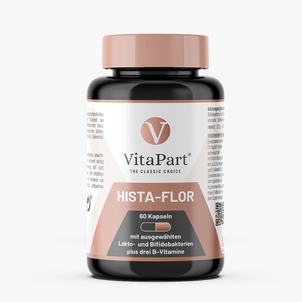 Hista-Flor in Dose mit 60 Kapseln mit Bifido- und Milchsäurebakterien, B-Vitaminen und Buchweizenkeimen von VitaPart – mit zur histaminarmen Ernährung