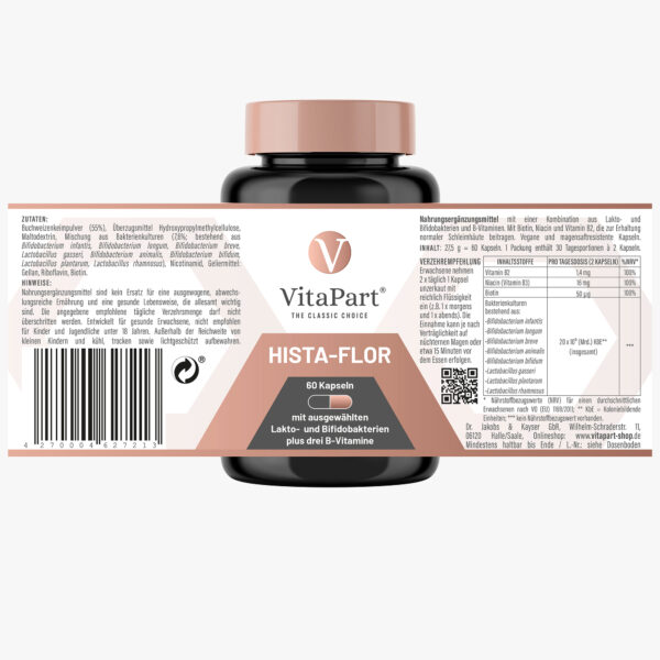 Aufgeklapptes Hista-Flor Etikett mit vollständigen Produktinformationen vor der Dose platziert
