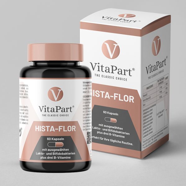 Hista-Flor Dose mit Etikett links und Umverpackung rechts – Hista-Flor Nahrungsergänzung für Histaminintolerante